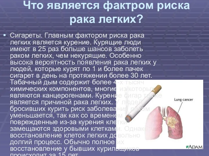 Что является фактром риска рака легких? Сигареты. Главным фактором риска рака легких является