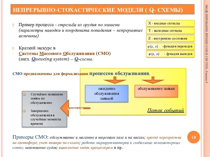 Случайное появление заявок на обслуживание Завершение обслуживания в случайные моменты