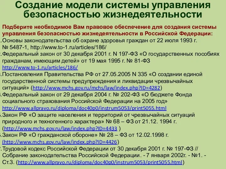 Создание модели системы управления безопасностью жизнедеятельности Подберите необходимое Вам правовое