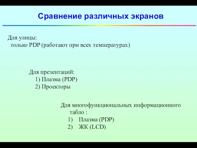 Сравнение различных экранов Для улицы: только PDP (работают при всех