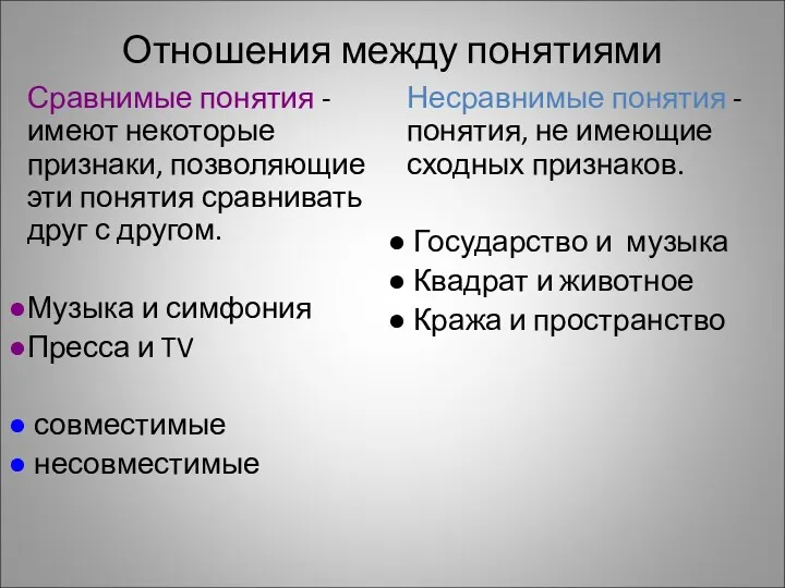 Отношения между понятиями Сравнимые понятия - имеют некоторые признаки, позволяющие