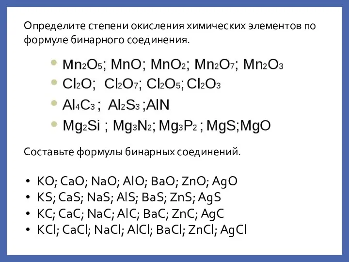 Определите степени окисления химических элементов по формуле бинарного соединения. Составьте