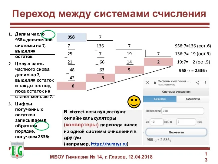 Переход между системами счисления МБОУ Гимназия № 14, г. Глазов,