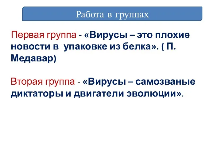 Работа в группах Первая группа - «Вирусы – это плохие