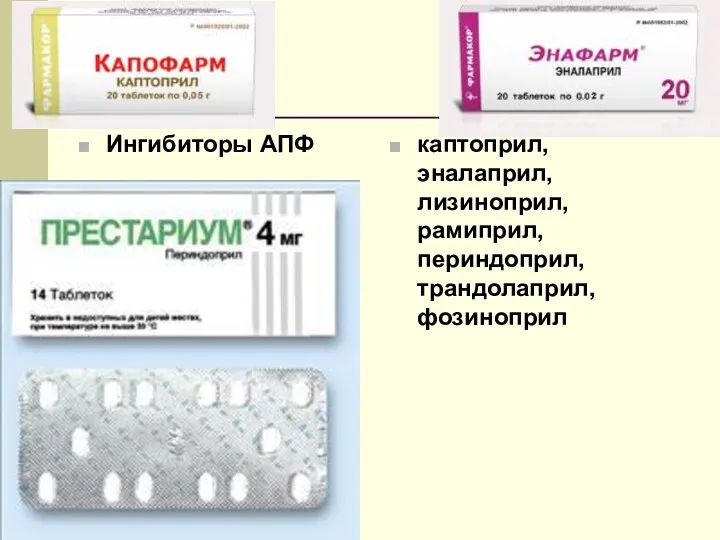 Ингибиторы АПФ каптоприл, эналаприл, лизиноприл, рамиприл, периндоприл, трандолаприл, фозиноприл