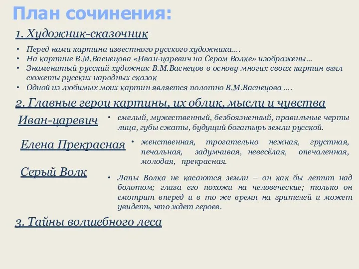 План сочинения: 1. Художник-сказочник Перед нами картина известного русского художника….