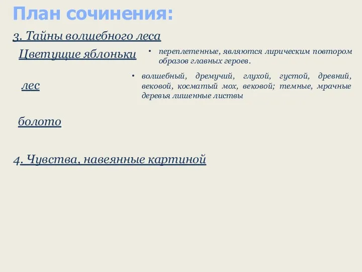 План сочинения: болото переплетенные, являются лирическим повтором образов главных героев.