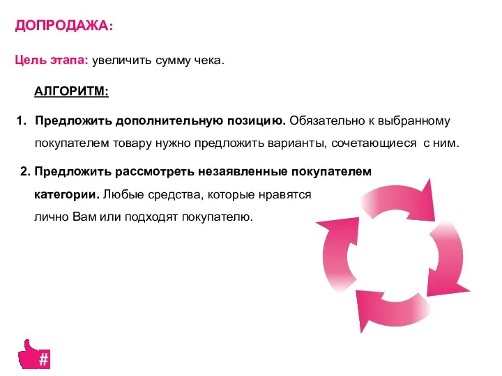 Цель этапа: увеличить сумму чека. АЛГОРИТМ: Предложить дополнительную позицию. Обязательно