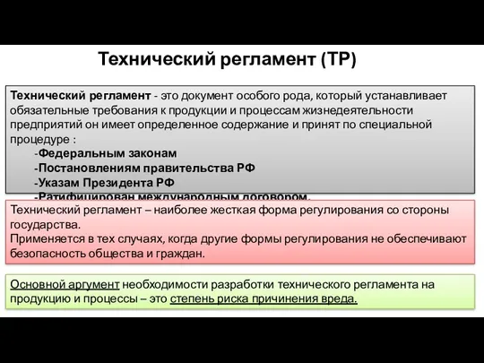 Технический регламент (ТР) Технический регламент - это документ особого рода,