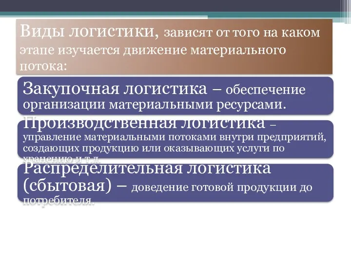 Виды логистики, зависят от того на каком этапе изучается движение