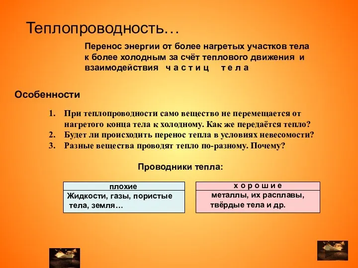 При теплопроводности само вещество не перемещается от нагретого конца тела