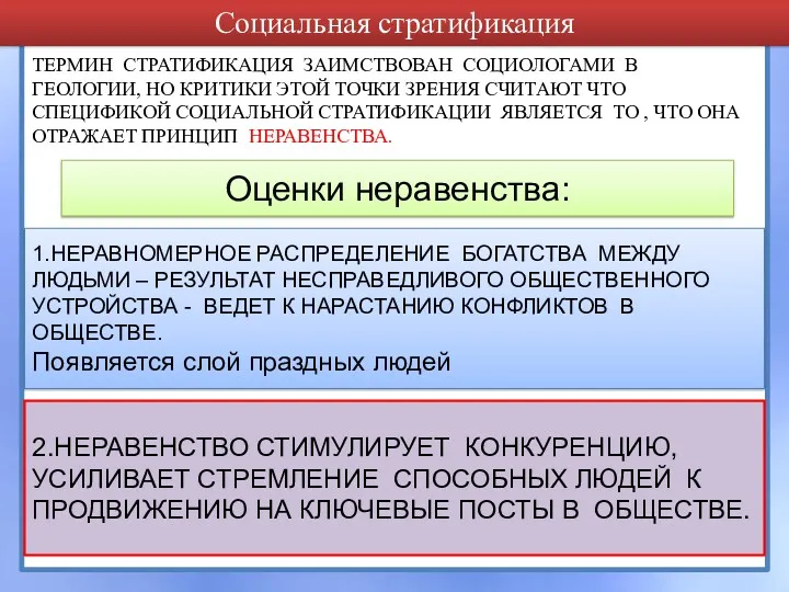 Социальная стратификация ТЕРМИН СТРАТИФИКАЦИЯ ЗАИМСТВОВАН СОЦИОЛОГАМИ В ГЕОЛОГИИ, НО КРИТИКИ