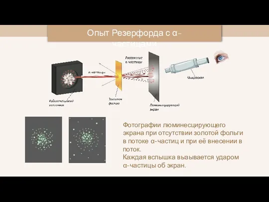 Опыт Резерфорда с α-частицами Фотографии люминесцирующего экрана при отсутствии золотой