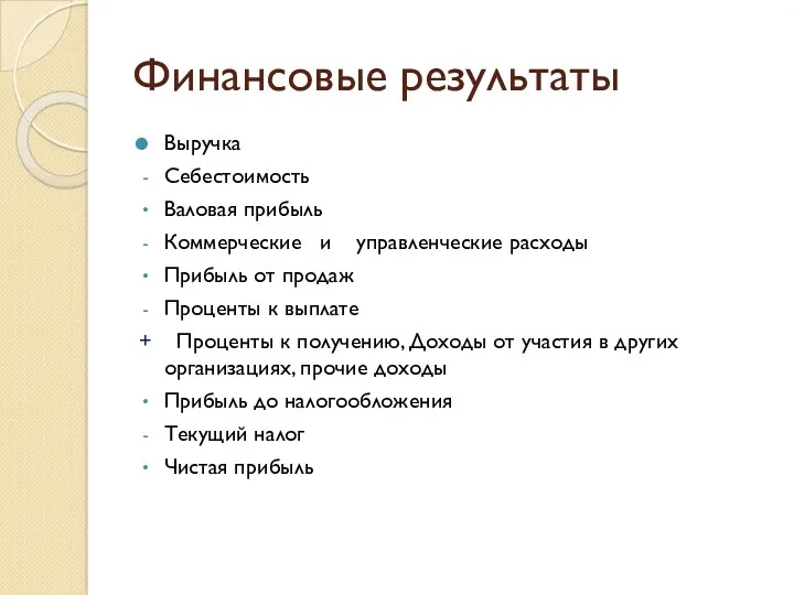 Финансовые результаты Выручка Себестоимость Валовая прибыль Коммерческие и управленческие расходы