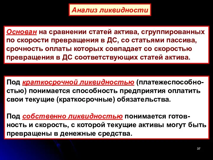 Анализ ликвидности Основан на сравнении статей актива, сгруппированных по скорости