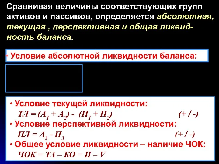 Условие абсолютной ликвидности баланса: Условие текущей ликвидности: ТЛ = (А1