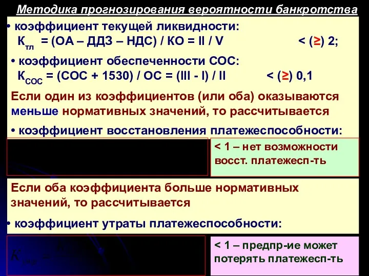 Методика прогнозирования вероятности банкротства коэффициент текущей ликвидности: Ктл = (ОА