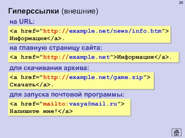 Гиперссылки (внешние) Информация . на URL: на главную страницу сайта: