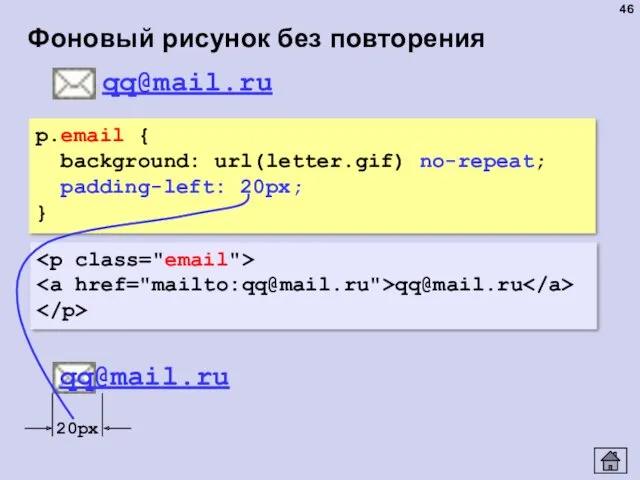 Фоновый рисунок без повторения p.email { background: url(letter.gif) no-repeat; padding-left: 20px; } qq@mail.ru qq@mail.ru qq@mail.ru