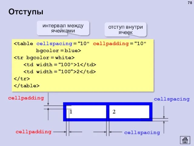 Отступы bgcolor = blue> 1 2 интервал между ячейками отступ внутри ячеек cellspacing cellspacing cellpadding cellpadding