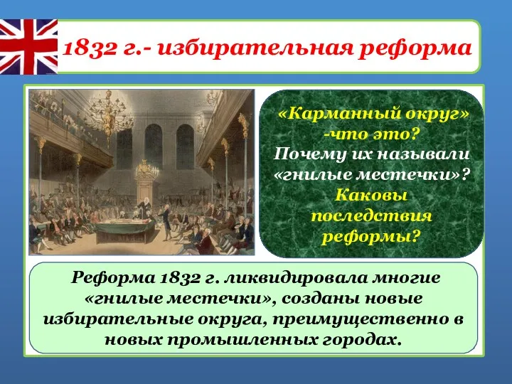 1832 г.- избирательная реформа Реформа 1832 г. ликвидировала многие «гнилые