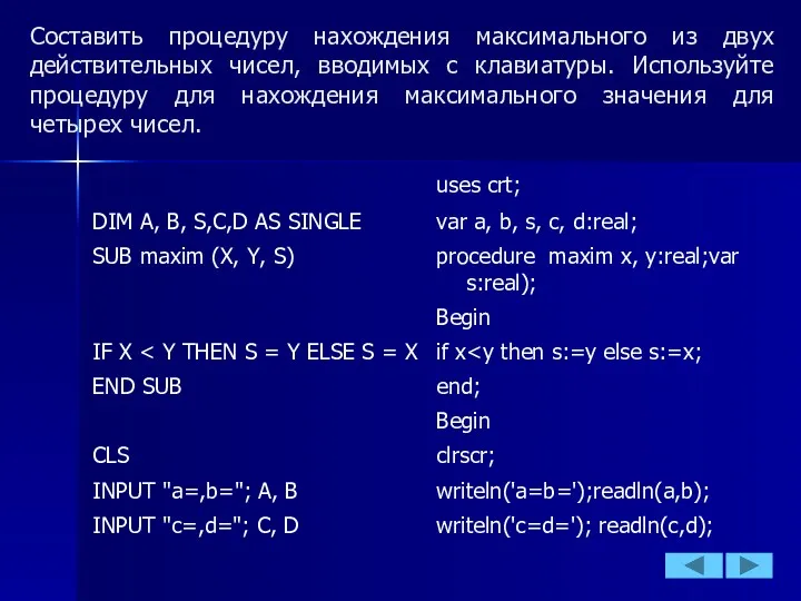 Составить процедуру нахождения максимального из двух действительных чисел, вводимых с