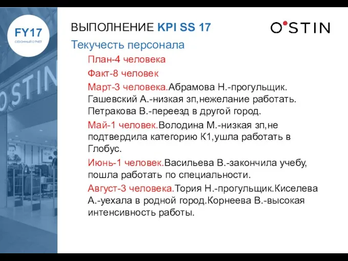 ВЫПОЛНЕНИЕ KPI SS 17 Текучесть персонала План-4 человека Факт-8 человек