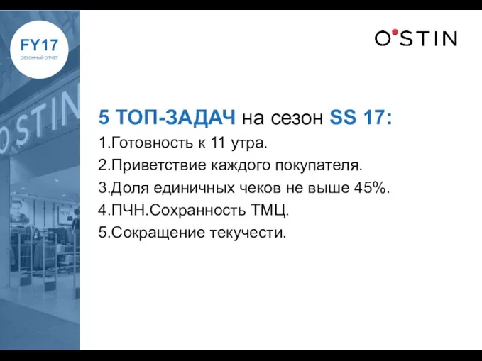 5 ТОП-ЗАДАЧ на сезон SS 17: 1.Готовность к 11 утра.