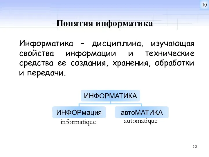 Информатика – дисциплина, изучающая свойства информации и технические средства ее