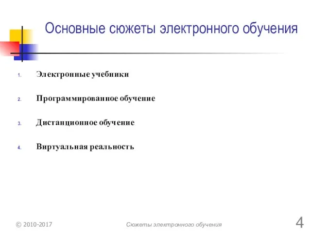 Основные сюжеты электронного обучения Электронные учебники Программированное обучение Дистанционное обучение