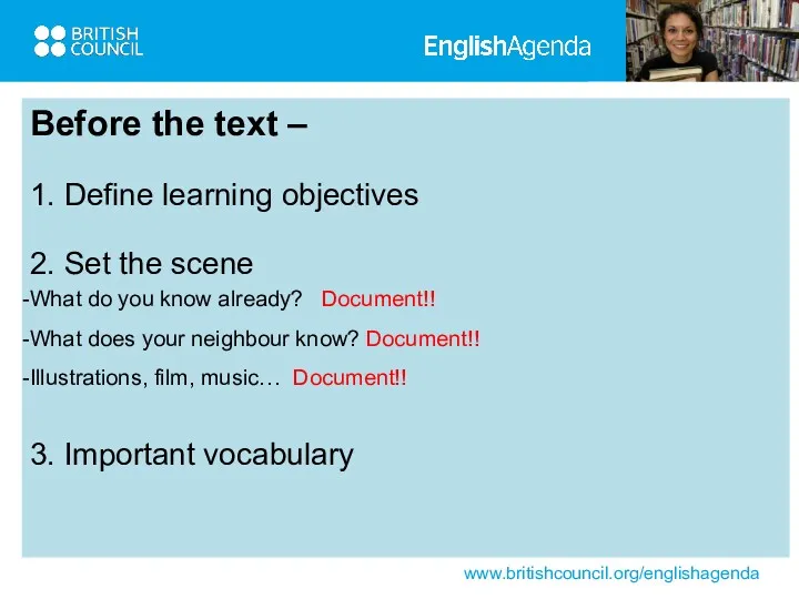 Before the text – 1. Define learning objectives 2. Set