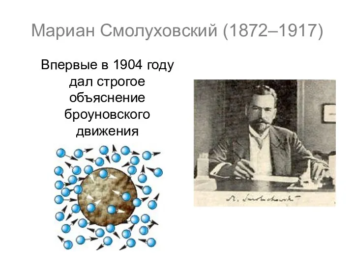 Мариан Смолуховский (1872–1917) Впервые в 1904 году дал строгое объяснение броуновского движения