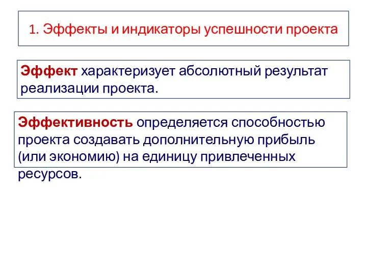 1. Эффекты и индикаторы успешности проекта Эффект характеризует абсолютный результат