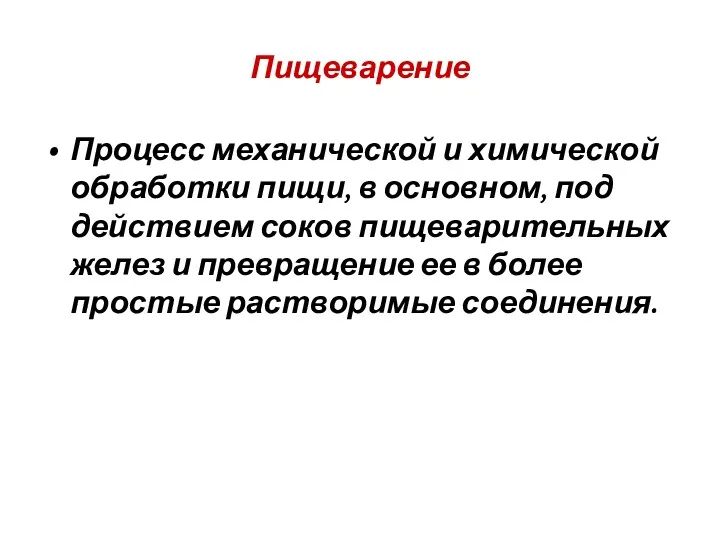 Пищеварение Процесс механической и химической обработки пищи, в основном, под