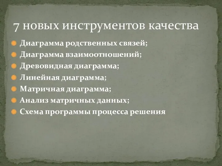 Диаграмма родственных связей; Диаграмма взаимоотношений; Древовидная диаграмма; Линейная диаграмма; Матричная