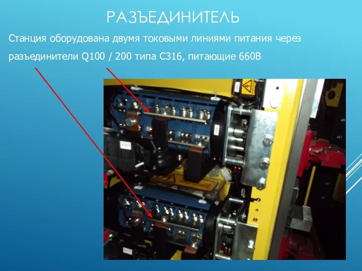 РАЗЪЕДИНИТЕЛЬ Станция оборудована двумя токовыми линиями питания через разъединители Q100 / 200 типа С316, питающие 660В