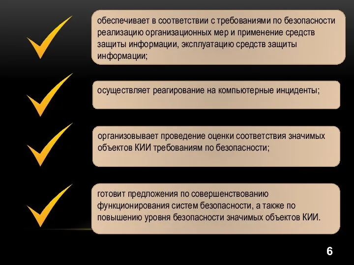 осуществляет реагирование на компьютерные инциденты; организовывает проведение оценки соответствия значимых