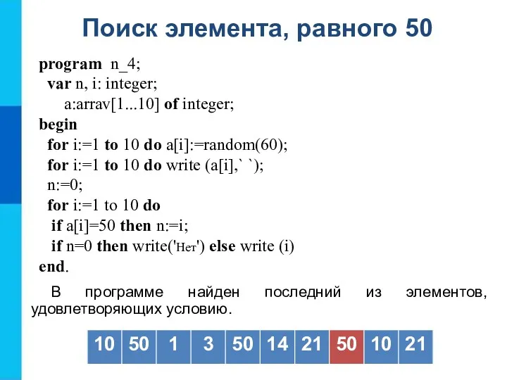 Поиск элемента, равного 50 В программе найден последний из элементов,