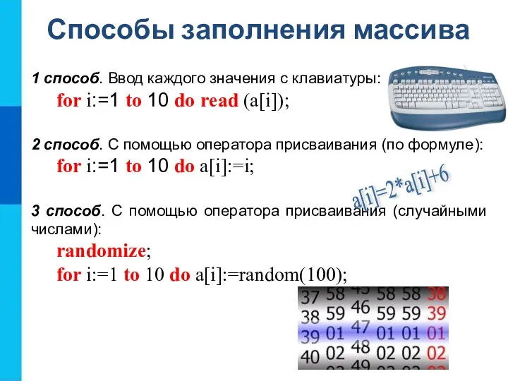 Способы заполнения массива 1 способ. Ввод каждого значения с клавиатуры: