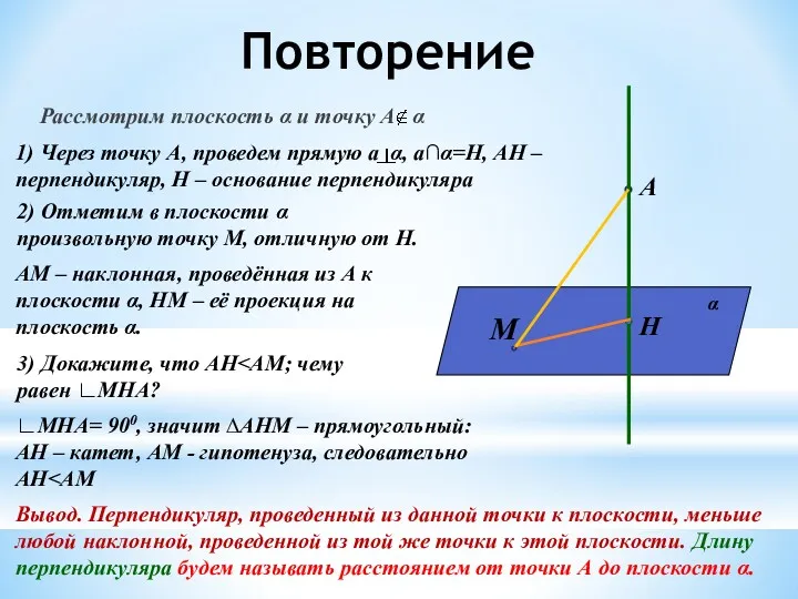 Повторение Рассмотрим плоскость α и точку А α А 1)