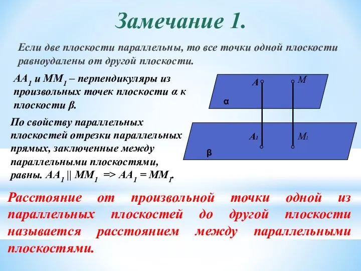 Замечание 1. Если две плоскости параллельны, то все точки одной