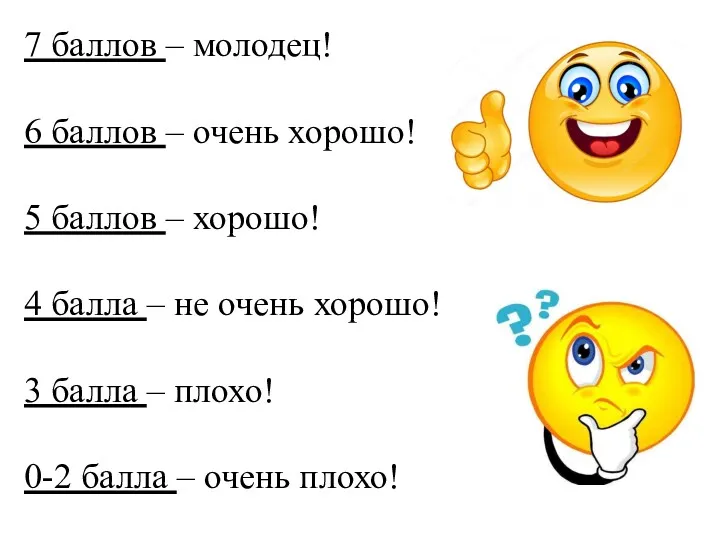 7 баллов – молодец! 6 баллов – очень хорошо! 5