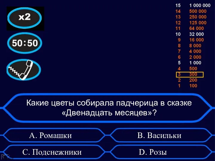 Какие цветы собирала падчерица в сказке «Двенадцать месяцев»? А. Ромашки D. Розы B. Васильки C. Подснежники