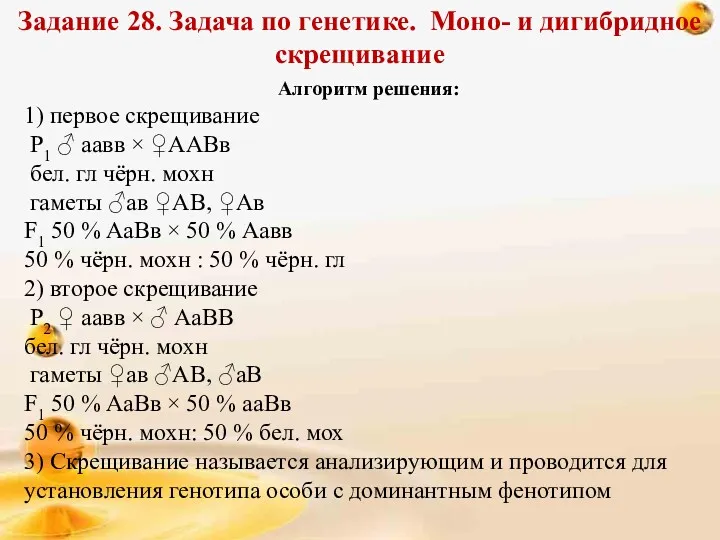 Задание 28. Задача по генетике. Моно- и дигибридное скрещивание Алгоритм