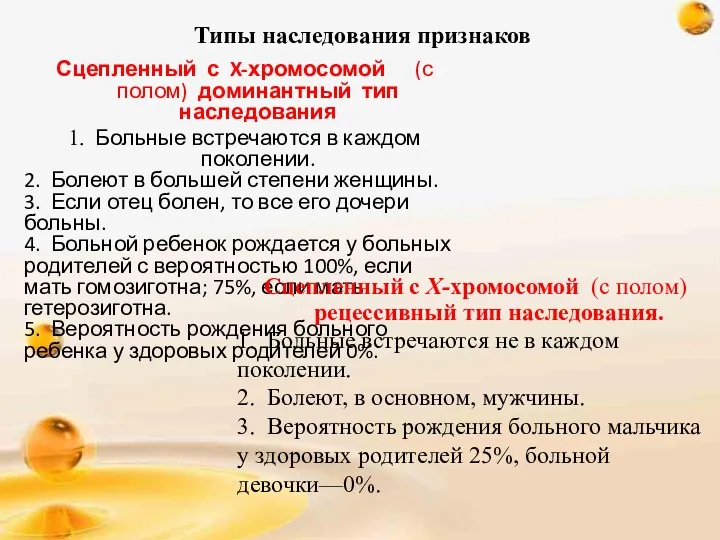 Типы наследования признаков Сцепленный с X-хромосомой (с полом) доминантный тип