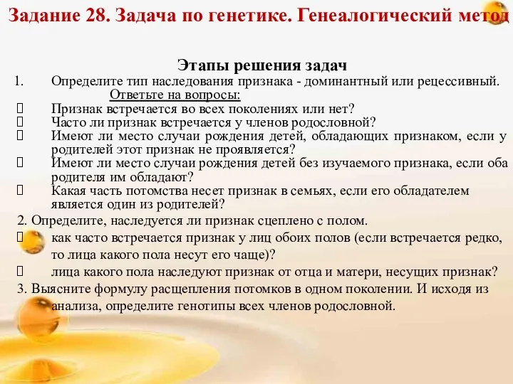 Задание 28. Задача по генетике. Генеалогический метод Этапы решения задач