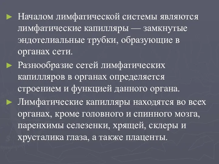 Началом лимфатической системы являются лимфатические капилляры — замкнутые эндотелиальные трубки,