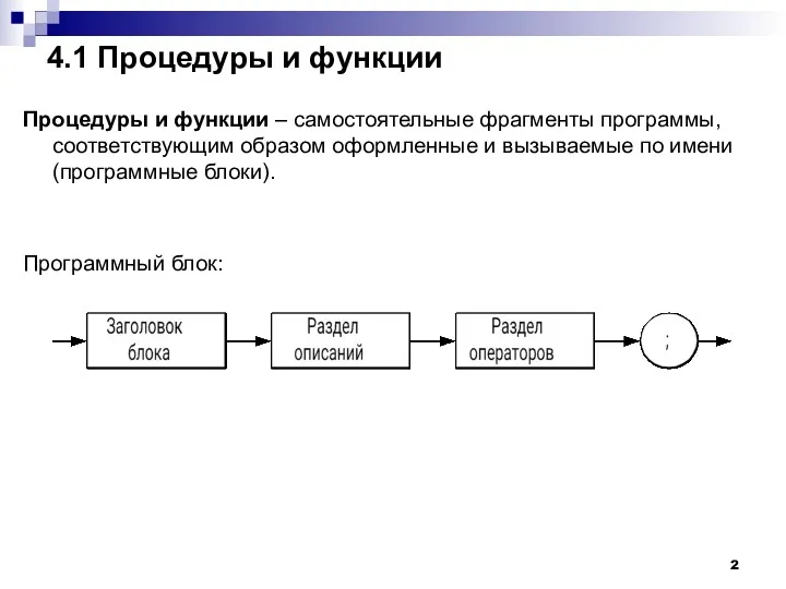 4.1 Процедуры и функции Процедуры и функции – самостоятельные фрагменты