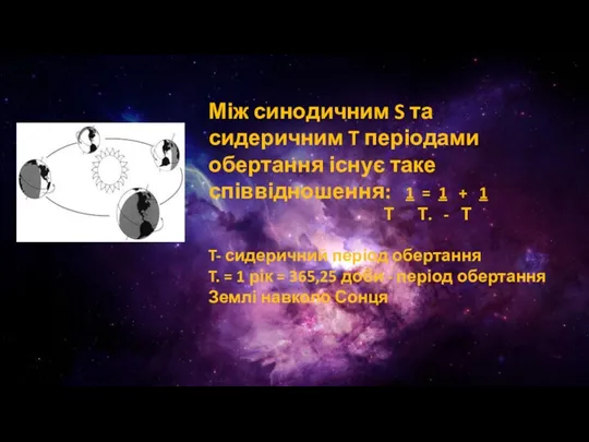 Між синодичним S та сидеричним T періодами обертання існує таке