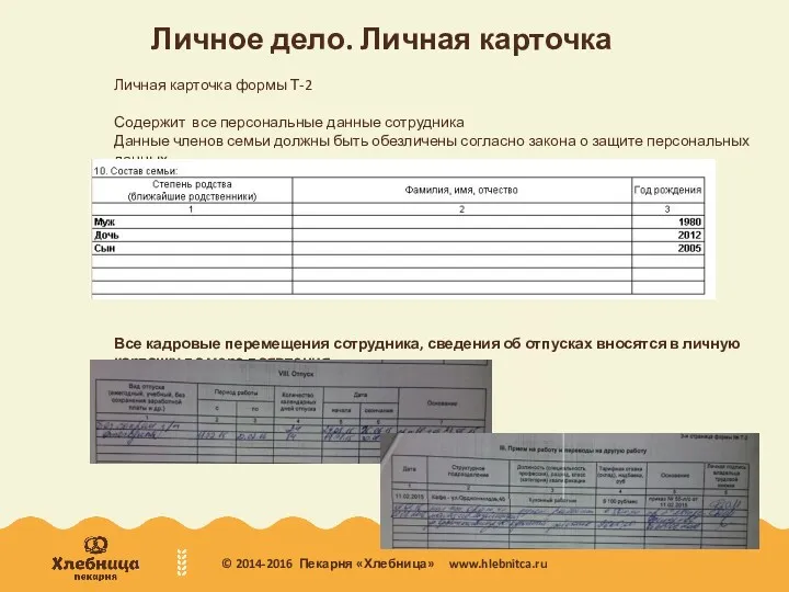 Личное дело. Личная карточка Личная карточка формы Т-2 Содержит все